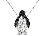 Sterling Silver Penguin Charm Pendant Necklace with Black and White Synthetic Cubic Zirconia