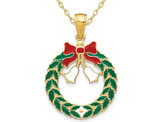 14K Yellow Gold Christmas Wreath Charm Pendant Necklace with Chain