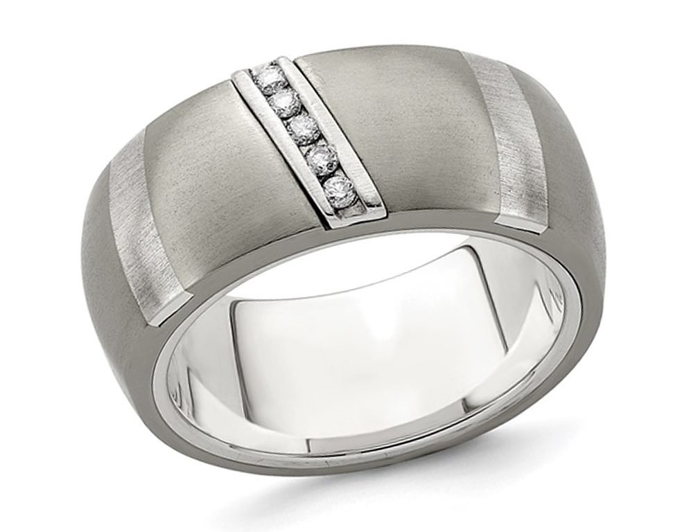 Mens 1/10 Carat (ctw) Diamond Ring Band in Brushed Titanium