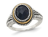 CheckerBoard Cut Black Onyx Ring in Antiqued Sterling Silver with 14K Gold Accent