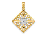 14K Yellow Gold Flower and Cross Square Charm Pendant (NO CHAIN)