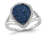 Blue Druzy Quartz TearDrop Ring in Sterling Silver