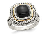 Cabochon Black Onyx Ring in Antiqued Sterling Silver with 14K Gold Accent