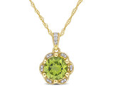1.52 Carat (ctw) Peridot Flower Pendant Necklace in 14K Yellow Gold with Accent Diamonds and Chain