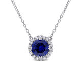 2.76 Carat (ctw) Lab-Created Blue and White Sapphire Halo Pendant Necklace in Sterling Silver with Chain