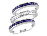 2.25 Carat (ctw) Lab-Created Blue Sapphire and White Sapphire Three Band Ring Set Sterling Silver