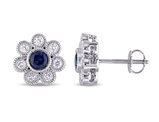 7/10 Carat (ctw) Blue Sapphire Floral Button Stud Earrings in 14K White Gold with Diamonds