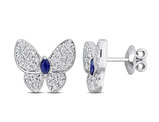 1.10 Carat (ctw SI,H-I) Diamond Buttrerfly Charm Earrings in 14K White Gold with Blue Sapphires