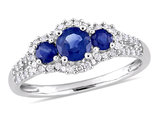 7/8 Carat (ctw) Blue Sapphire Three Stone Ring in 10K White Gold with Diamonds