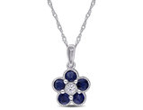 3/4 Carat (ctw) Blue Sapphire Floral Pendant Necklace in 14K White Gold with Chain