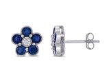 1.30 Carat (ctw) Blue Sapphire Button Stud Earrings in 14K White Gold with Diamonds