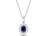 1.00 Carat (ctw) Blue Sapphire Halo Necklace Pendant in 14K White Gold with chain