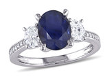 2.65 Carat (ctw) Blue Sapphire Three Stone Ring in 14K White Gold with Diamonds