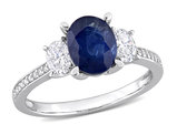 2.50 Carat (ctw) Blue Sapphire Three Stone Ring in 14K White Gold with Diamonds