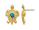 14K Yellow Gold Polished Turtle Charm Earrings with Lab Created Blue Opals 