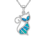 Lab-Created Blue Opal Cat Pendant Necklace in Sterling Silver with Chain