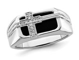 Mens Black Onyx Cross Ring in Sterling Silver with Accent Diamonds