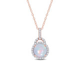 3.26 Carat (ctw) Blue Opal and White Topaz Halo Pendant Necklace in Rose Sterling Silver with Chain