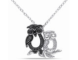 Black Accent Diamond Double Owl Charm Pendant Necklace in Sterling Silver with Chain