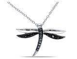 Black Accent Diamond Dragonfly Charm Pendant Necklace in Sterling Silver with Chain