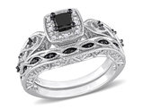 2/3 Carat (ctw) Black Diamond Engagement Ring and Wedding Band Set in Sterling Silver