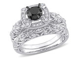 1.16 Carat (ctw) Black and White Diamond Engagement Ring and Wedding Band Set in Sterling Silver