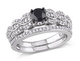 1.00 Carat (ctw) Black and White Diamond Engagement Ring and Wedding Band Set in Sterling Silver