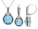 9.35 Carat (ctw) London Blue Topaz Halo Solitaire Earrings and Pendant Set in Sterling Silver with Chain