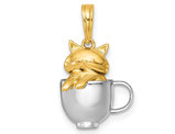 14K Yellow and White Gold Cat in a Mug Charm Pendant (No Chain)