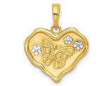 14K Yellow Gold Brushed Butterfly and Flowers Heart Pendant Charm (NO Chain)