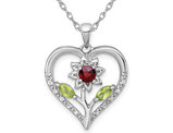 3/4 Carat (ctw) Garnet, Peridot and White Topaz Flower Heart Pendant Necklace in Sterling Silver with Chain