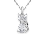 Steling Silver Cat Charm Pendant Necklace with Cubic Zirconias and Chain