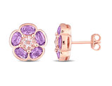 3.18 Carat (ctw) Amethyst and White Topaz Flower Button Earrings in Rose Plated Sterling Silver4K Rose Pink Gold