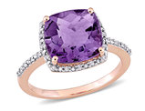 3.50 Carat (ctw) Amethyst Cushion Cut Ring in 10K Rose Pink Gold with Diamonds