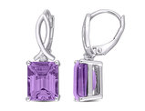 6.46 Carat (ctw) Emerald-Cut Amethyst Dangle Earrings in Sterling Silver with Diamonds