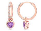 4/5 Carat (ctw) Amethyst Heart Dangle Hoop Earrings in 10K Rose Gold with Diamonds