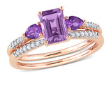 1.18 Carat (ctw) Amethyst and Rose-De-France Engagement Wedding Ring Set 10K Rose Gold